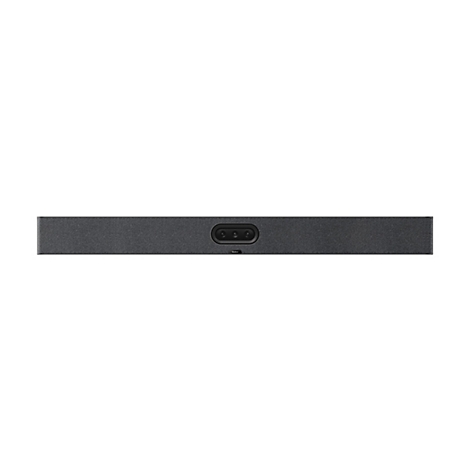 Dunkelgraue Videokonferenz-Soundbar mit drei Objektiven und Yealink-Logo, vor weißem Hintergrund.