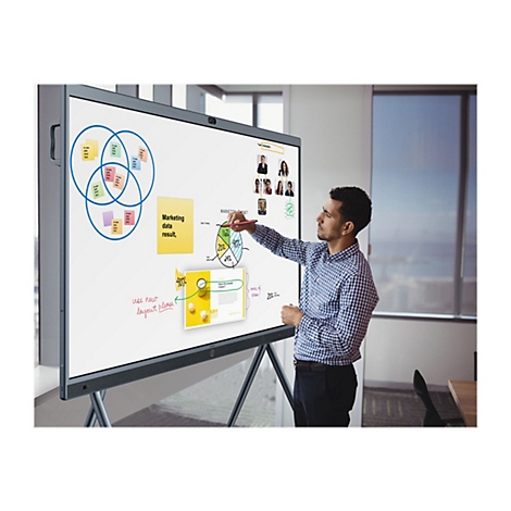 Ein Mann zeigt auf Diagramme und Notizen auf einer digitalen Tafel. Im Hintergrund ein Fenster.
