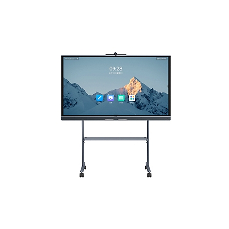 Yealink MeetingBoard C auf rollbarem Ständer, Bildschirm zeigt ein Bergpanorama mit Uhrzeit und App-Symbolen.