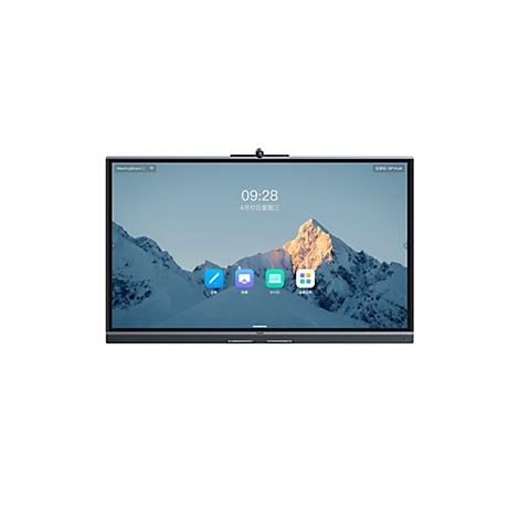 Yealink MeetingBoard mit Bergmotiv-Hintergrund, Uhrzeit und App-Icons auf hellem Display.