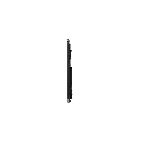 Seitenansicht eines flachen, schwarzen Smartboards vor weißem Hintergrund.