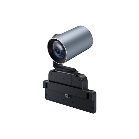 Webcam, boîtier gris-argent, base noire, détail. Objectif au premier plan.