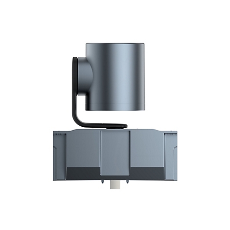 Webcam grise avec une tête cylindrique montée sur une base rectangulaire. Sur fond blanc.