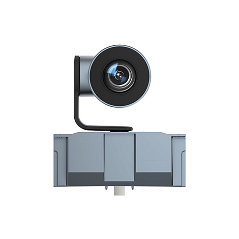 Gros plan d'une caméra de visioconférence bleue et noire. L'objectif est cerclé et légèrement incliné vers le bas.