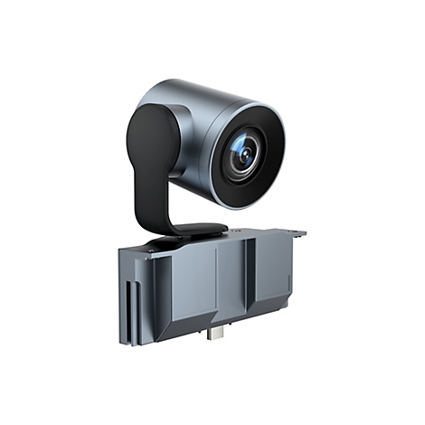 Une caméra vidéo grise et noire avec lentille et support, sur fond blanc.