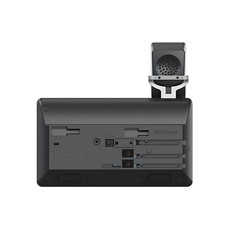 Draufsicht auf ein schwarzes Telefon mit einem Mikrofon auf weißem Hintergrund. Auf der Rückseite sind Anschlüsse und Beschriftungen zu sehen.