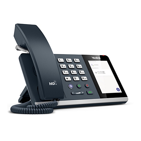 Ein dunkelblaues Festnetztelefon mit Display, Tasten und Hörer. Auf dem Display ist ein Gespräch mit Lisa Beatty und die Bezeichnung PC Softphone zu sehen.