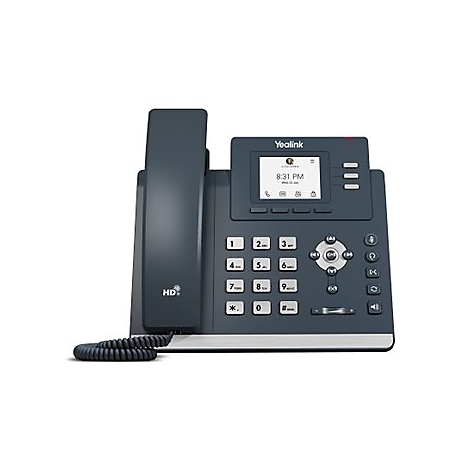 Dunkelgraues Yealink IP-Telefon mit Display, Ziffernblock und Hörer vor weißem Hintergrund.