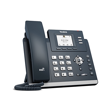 Dunkles Yealink IP-Telefon mit Display, Ziffernblock und Hörer vor weißem Hintergrund.