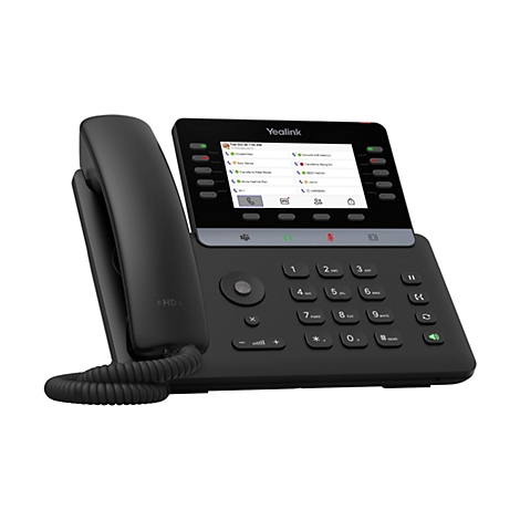Schwarzes Yealink IP-Telefon mit Touchscreen-Display, Tastenfeld und abgenommenem Hörer.