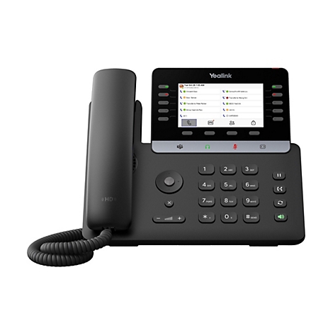 Schwarzes Yealink IP-Tischtelefon mit Farbdisplay und HD-Hörer vor neutralem Hintergrund.