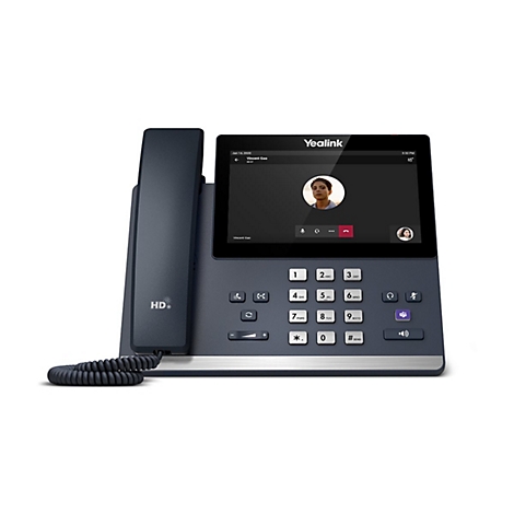 Dunkelgraues Yealink-Telefon mit Bildschirm und Videokonferenz. Bildschirm zeigt ein Gespräch mit „Vincent Gao“. Oben rechts die Uhrzeit. Am Hörer steht „HD“.