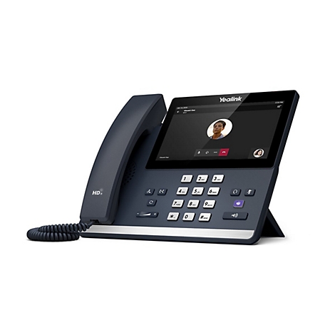 Dunkelgraues Yealink-Tischtelefon mit großem Bildschirm, darauf ein Videoanruf. Tastatur und Hörer sind sichtbar.