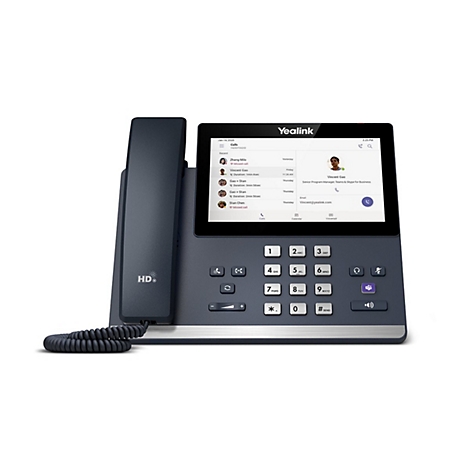 Dunkelgraues Yealink-Telefon mit Bildschirm und Tastatur. Auf dem Display werden Anrufdetails angezeigt.