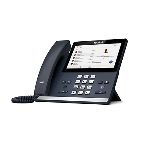Dunkelgraues Yealink-Telefon mit Touchscreen. Auf dem Display werden Anruflisten und Kontaktinformationen angezeigt. Das Telefon steht auf einem weißen Hintergrund.