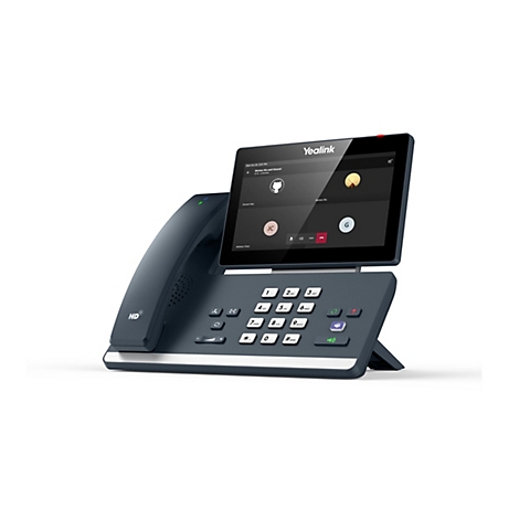 Ein dunkelblaues VoIP-Telefon mit großem Touchscreen, auf dem eine Videokonferenz angezeigt wird. Das Telefon steht auf einem weißen Hintergrund.