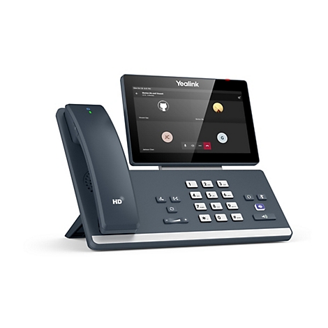 Ein dunkelblaues Yealink-Telefon mit Touchscreen-Display. Auf dem Bildschirm werden Videokonferenzteilnehmer angezeigt. Auf dem Telefon befinden sich eine Tastatur, Lautsprecher und eine Hörmuschel.