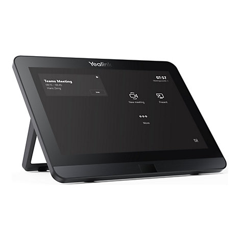 Ein schwarzes Yealink-Konferenzgerät mit Touchscreen. Auf dem Bildschirm sind Informationen zu einem Team-Meeting, Uhrzeit und Schaltflächen für neue Meetings, Präsentationen etc. dargestellt.