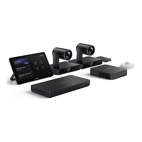 Système de visioconférence noir en plusieurs parties, tablette avec interface utilisateur, caméras, modules.