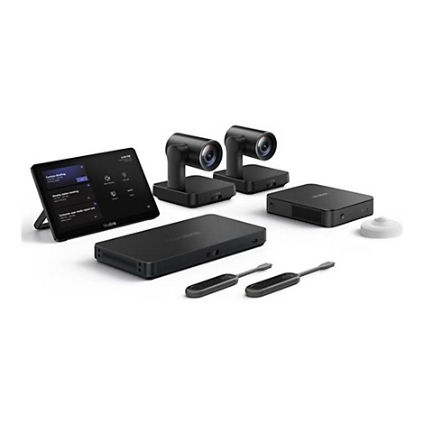 Système de visioconférence noir en plusieurs parties composé de caméras, d'une tablette, de dispositifs de contrôle et de stations de base.