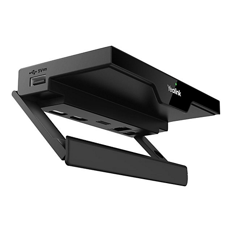 Schwarzes Yealink-Gerät mit USB-Anschluss und Halterung, der Hersteller-Schriftzug ist sichtbar.