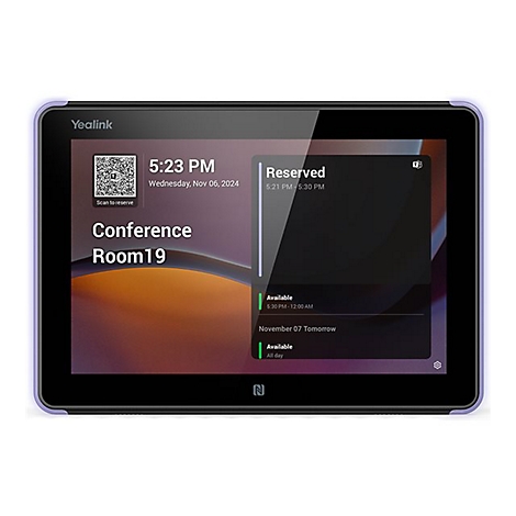Yealink Tablet mit Uhrzeit, Reservierungsanzeige und Konferenzraumangaben. Reserviert von 17:21 bis 17:30 Uhr.