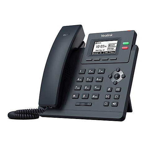 Schwarzes Yealink IP-Bürotelefon mit Display, Tastenfeld und Hörer auf weißem Hintergrund.