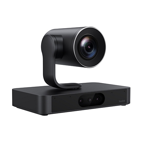 Schwarze Videokonferenzkamera mit abgerundeten Formen, auf weißem Hintergrund.