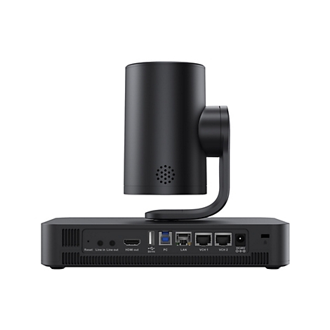 Schwarze Videokonferenzkamera mit zylindrischem Kopf, montiert auf einer rechteckigen Basis mit Anschlüssen. Der Hintergrund ist weiß.