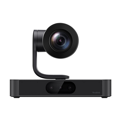 Une caméra de visioconférence noire avec un objectif rond, montée sur une base. Le mot Yealink est en dessous.