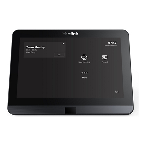 Un appareil de conférence Yealink noir avec écran tactile affiche une notification de réunion Teams et plusieurs options.