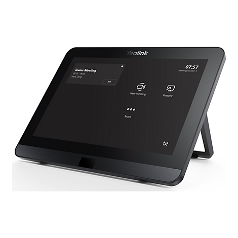 Appareil de conférence Yealink noir avec écran tactile affichant une fenêtre de réunion. L'appareil est posé sur un fond blanc.