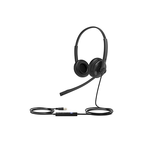 Schwarzes Headset, KopfhÃ¶rer und Mikrofon, Kabel und Bedienelement. Vor weiÃŸem Hintergrund.