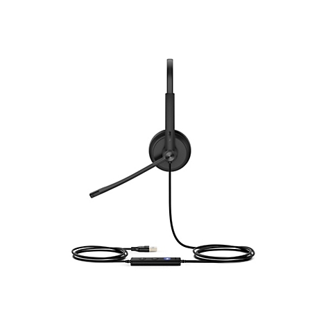 Schwarzes Headset mit Mikrofon, USB-Kabel und Steuerung, vor weiÃŸem Hintergrund.