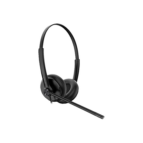 Schwarzes Headset mit Mikrofon, detailgetreue Ansicht.
