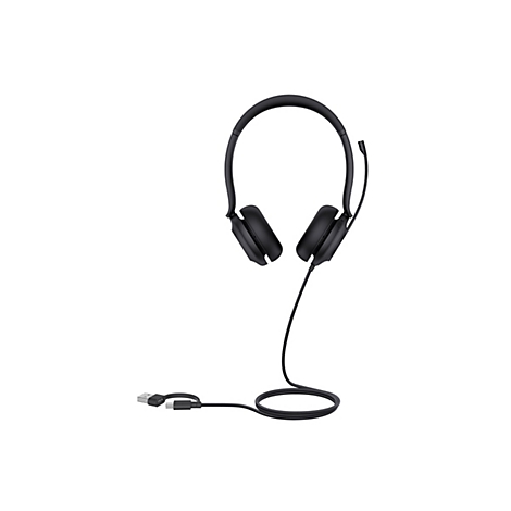 Schwarzes Headset mit Mikrofon und Kabel, vor weiÃŸem Hintergrund.
