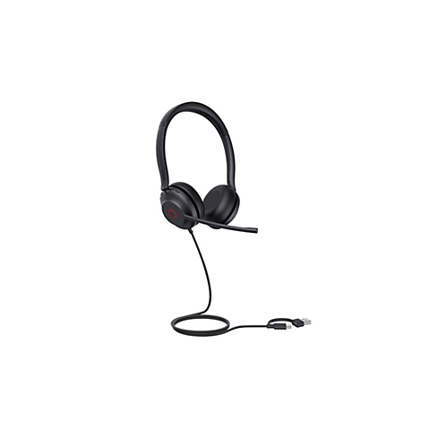 Schwarzes Headset mit BÃ¼gel und Mikrofon. USB-Anschluss.