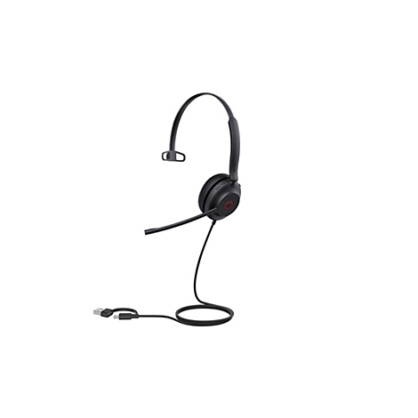 Schwarzes Headset mit Mikrofon vor weiÃŸem Hintergrund. Der KopfbÃ¼gel verlÃ¤uft Ã¼ber den Kopf, der HÃ¶rer liegt am Ohr.