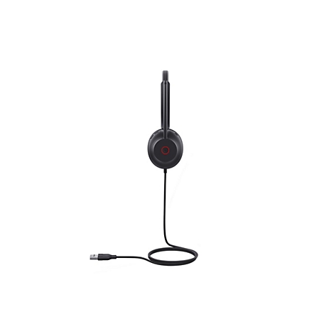 Schwarzes Headset mit USB-Anschluss. Die Ohrmuschel hat ein rotes Logo.