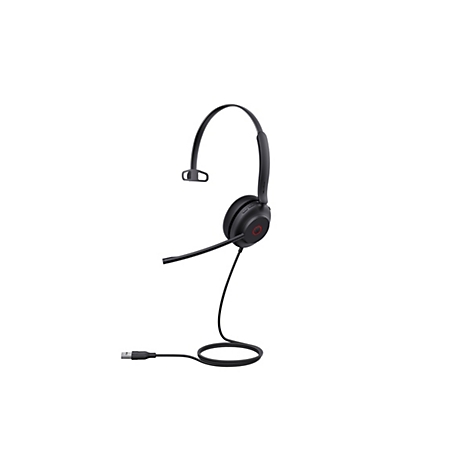 Schwarzes Headset mit BÃ¼gel, Mikrofon und Kabel. Es liegt auf weiÃŸem Grund.