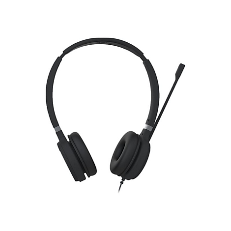 Schwarzes Headset mit Mikrofon, das auf weiÃŸem Hintergrund platziert ist.