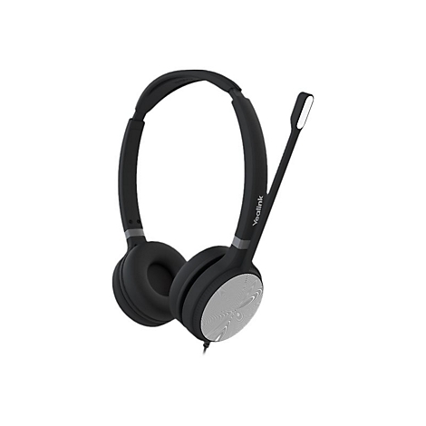 Schwarzes Headset mit silbernen Ohrmuscheln und Mikrofon. Aufschrift Yealink.