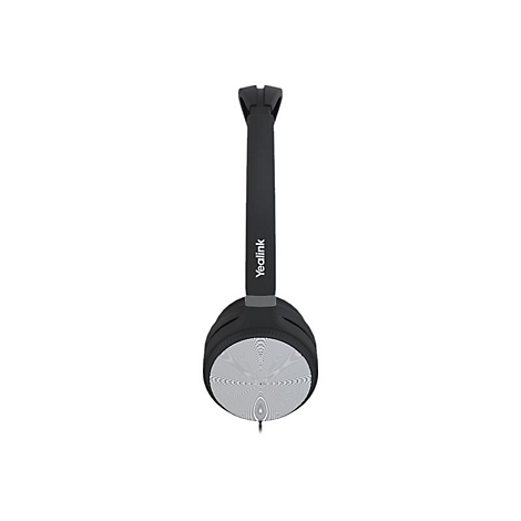 Drahtloses Headset, schwarz mit silberner OberflÃ¤che. Das Headset ist aufrecht positioniert, das Yealink Logo ist zu sehen.