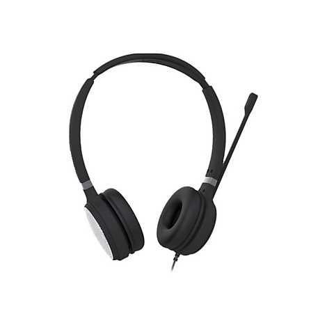 Schwarzes Headset mit Mikrofon. Das Headset liegt frei auf weiÃŸem Hintergrund.