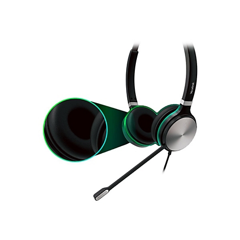 Schwarzes Headset mit grÃ¼nem Akzent, silberner Ohrmuschel und Mikrofon. Detailaufnahme zeigt Ohrpolster.