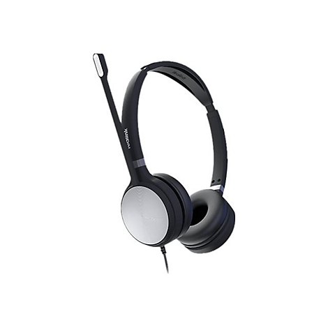 Schwarzes Headset mit silbernen Ohrmuscheln und Mikrofon, Kabel zum Anschluss.