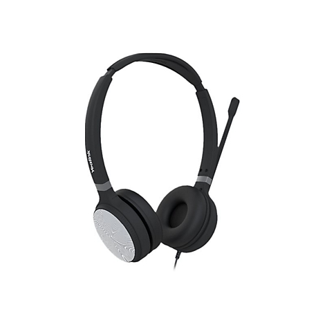 Schwarzes Headset mit Mikrofon, Marke Yealink, silberfarbener OhrhÃ¶rer, weiÃŸer Hintergrund.