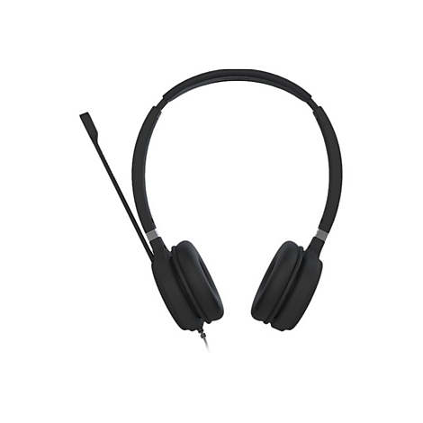 Schwarzes Headset mit Mikrofon, Nahaufnahme vor weiÃŸem Hintergrund.