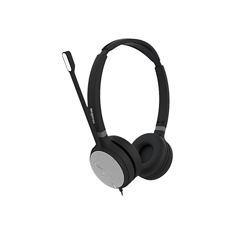 Schwarzes Headset mit silbernen Ohrpolstern und Mikrofon. Yealink ist auf dem BÃ¼gel geschrieben.