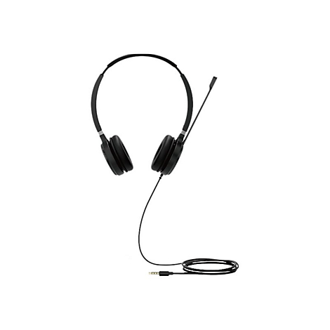Schwarzes Headset mit BÃ¼gel und Mikrofon, Kabel zum Klinkenstecker.